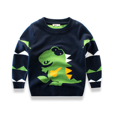 Детски пуловер за момче в четири цвята с бродерия и О-образна яка