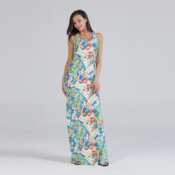 Ежедневна дамска дълга  рокля с О-образно деколте и флорални мотиви