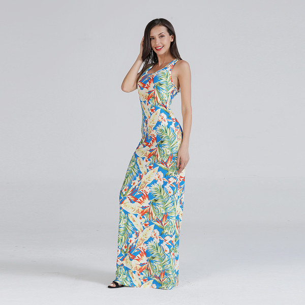 Ежедневна дамска дълга  рокля с О-образно деколте и флорални мотиви 