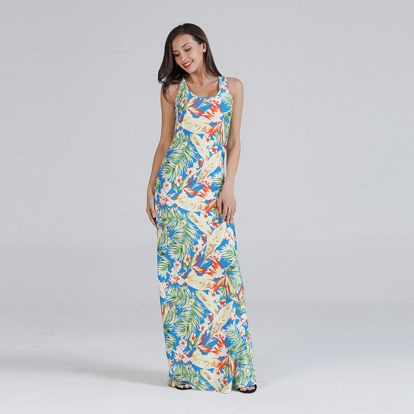 Ежедневна дамска дълга  рокля с О-образно деколте и флорални мотиви 