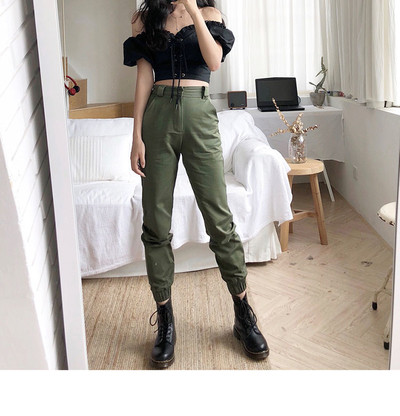 Дамски панталон в зелен и черен цвят с висока талия