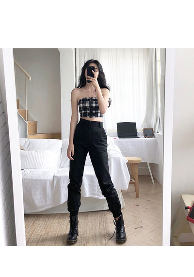 Дамски панталон в зелен и черен цвят с висока талия