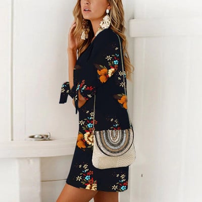 Модерна дамска рокля с 3/4 ръкав и флорален десен в няколко цвята