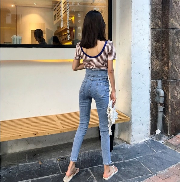 Модерни дамски дънки с висока талия и цип - Slim модел