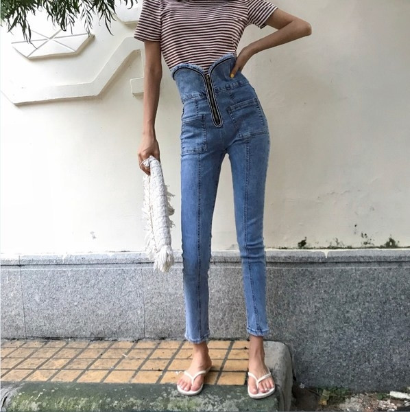 Модерни дамски дънки с висока талия и цип - Slim модел