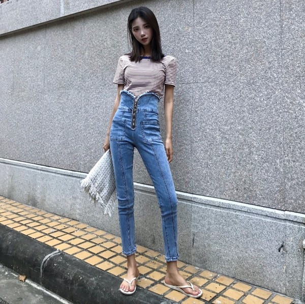 Модерни дамски дънки с висока талия и цип - Slim модел