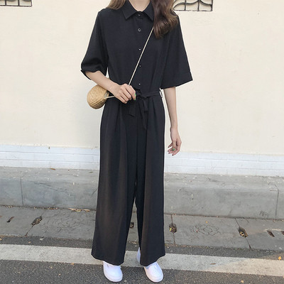 Дамски гащеризон с 3/4 ръкав и яка в черен и зелен цвят