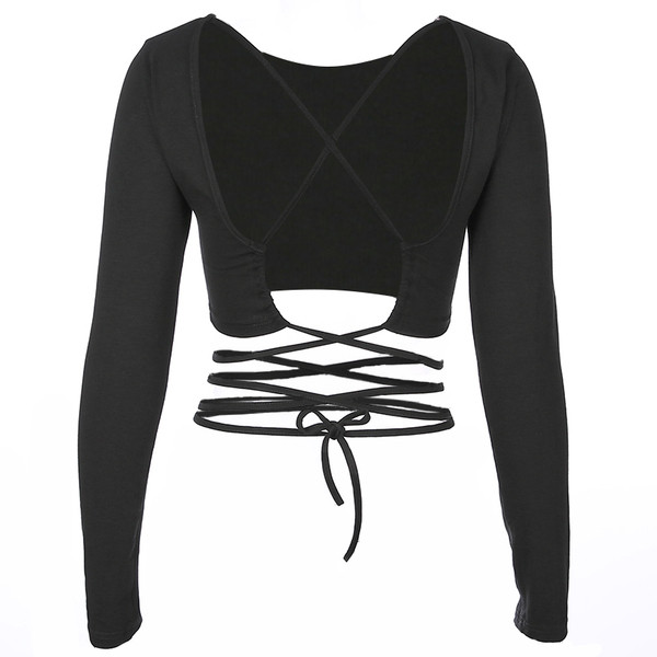 Черен дамски топ с дълъг ръкав и гол гръб