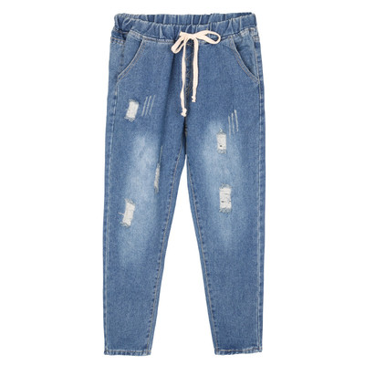 Дамски дънки с еластична талия и разкъсани мотиви в два модела