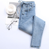 Дамски дънки с връзки в светъл цвят - Slim модел