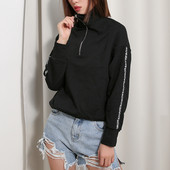 Модерна дамска спортна блуза с дълъг ръкав и цип в черен цвят