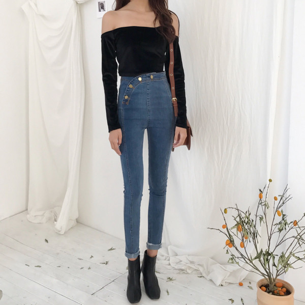 Дамски дънки с копчета и висока талия - Slim модел