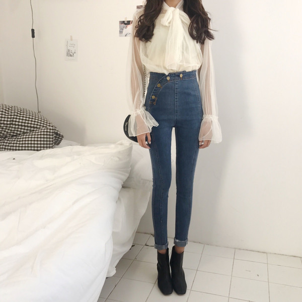 Дамски дънки с копчета и висока талия - Slim модел