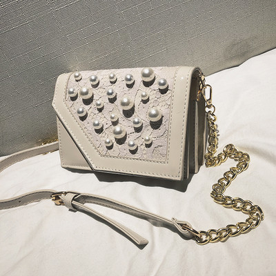 Стилна дамска чанта с перли и дълга верижка в няколко цвята