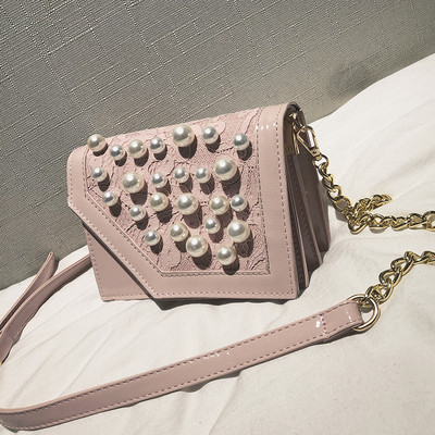 Стилна дамска чанта с перли и дълга верижка в няколко цвята