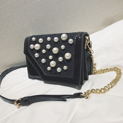 Стилна дамска чанта с перли и дълга верижка в няколко цвята