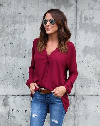 Модерна дамска риза с V-образно деколте в няколко цвята 