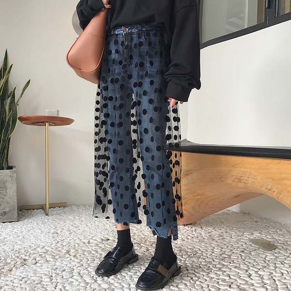 Екстравагантни дамски дънки с черен тюл