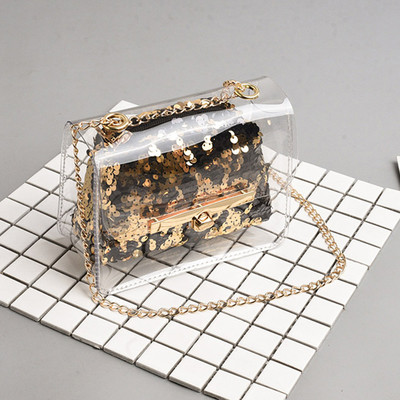 Дамска прозрачна чанта с пайети в няколко цвята