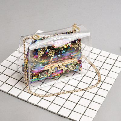 Дамска прозрачна чанта с пайети в няколко цвята