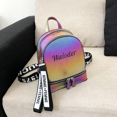 Дамска раница с лъскаво покритие и надпис - 4 цвята