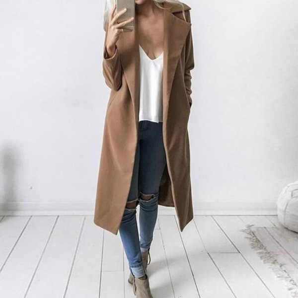 Стилно дълго тънко дамско палто в пет цвята