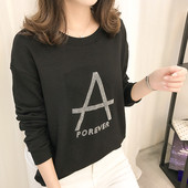 Ежедневен дамски суичър с О-образна яка и надпис от декоративни камъни