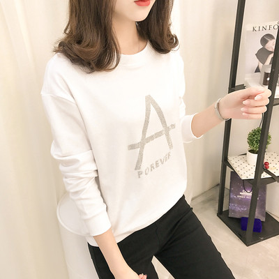 Ежедневен дамски суичър с О-образна яка и надпис от декоративни камъни