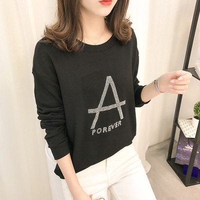 Ежедневен дамски суичър с О-образна яка и надпис от декоративни камъни