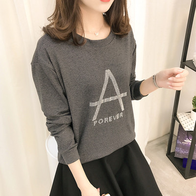 Ежедневен дамски суичър с О-образна яка и надпис от декоративни камъни