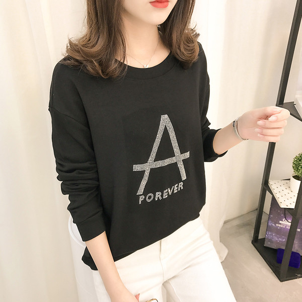 Ежедневен дамски суичър с О-образна яка и надпис от декоративни камъни