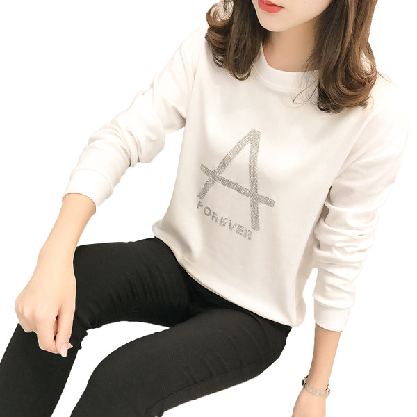 Ежедневен дамски суичър с О-образна яка и надпис от декоративни камъни