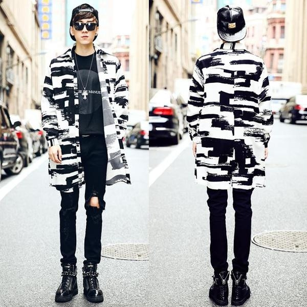 Мъжко дълго тънко яке в черно-бял цвят