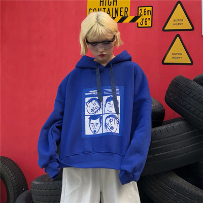 Hanorac de dama cu imprimeu si gluga in maro, albastru si negru