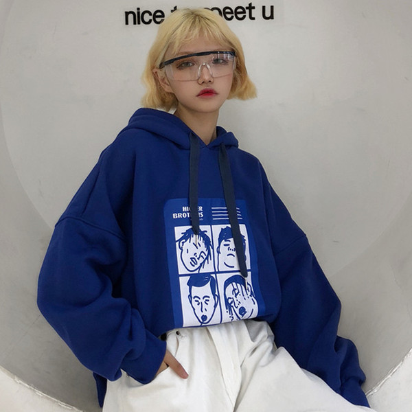 Hanorac de dama cu imprimeu si gluga in maro, albastru si negru