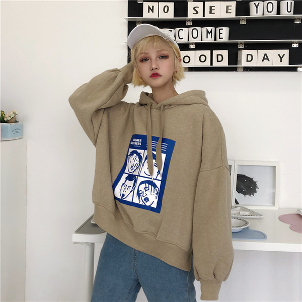 Hanorac de dama cu imprimeu si gluga in maro, albastru si negru