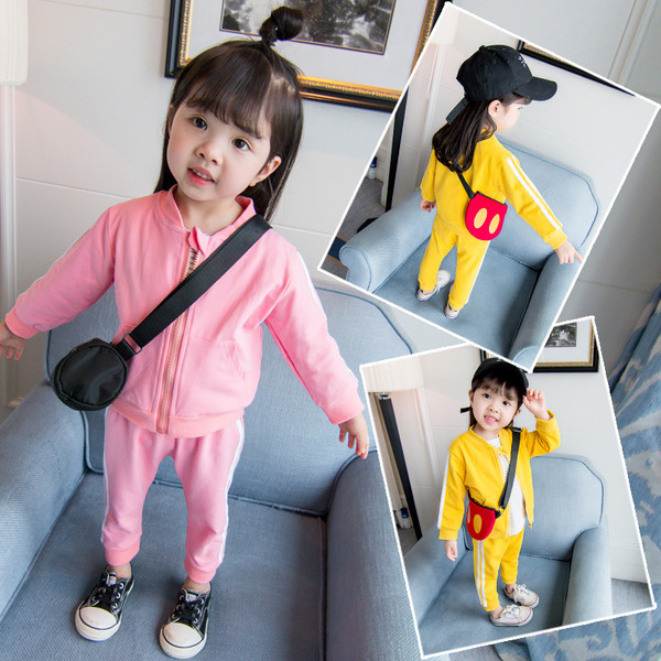 Спортен детски комплект за момичета от две части в жълт и розов цвят