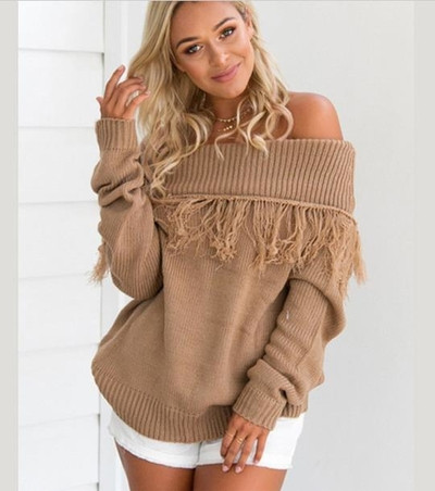 Дамски пуловер с отворени рамене и ресни в 2 цвята