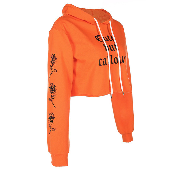 Къс дамски суичър с надпис в оранжев цвят