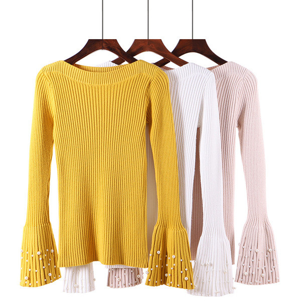 Стилен дамски пуловер с перли на ръкавите - няколко цвята