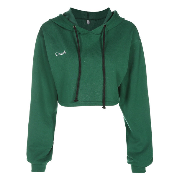 Дамски къс пуловер в зелен цвят с качулка и надпис