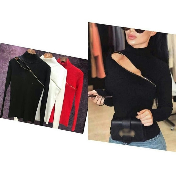 Дамски пуловер с висока яка и цип в няколко цвята