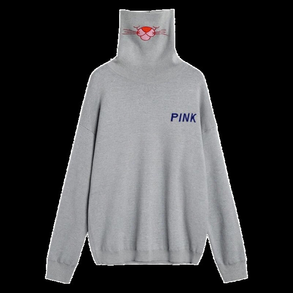 Дамски суичър с висока яка и бродерия в сив и черен цвят