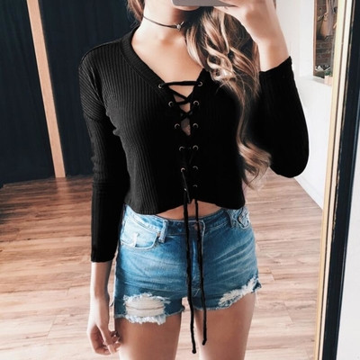 Γυναικεία πουλόβερ με κορδόνια  και V-neckline