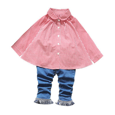 НОВ модерен детски сет за момичета включващ риза на каре и дънки