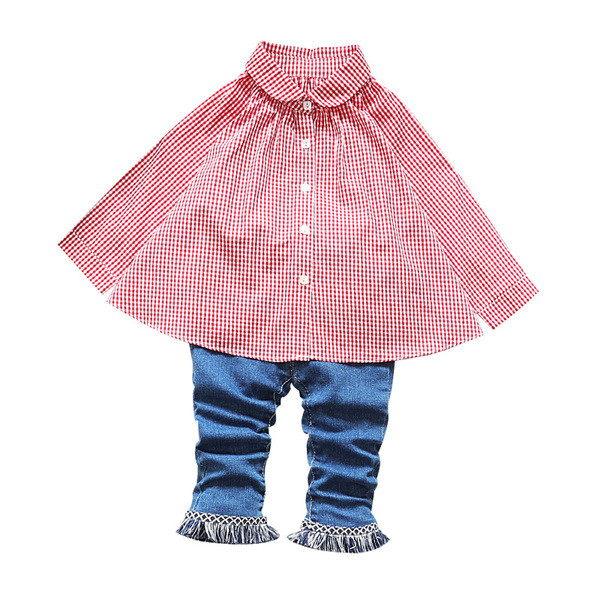 НОВ модерен детски сет за момичета включващ риза на каре и дънки